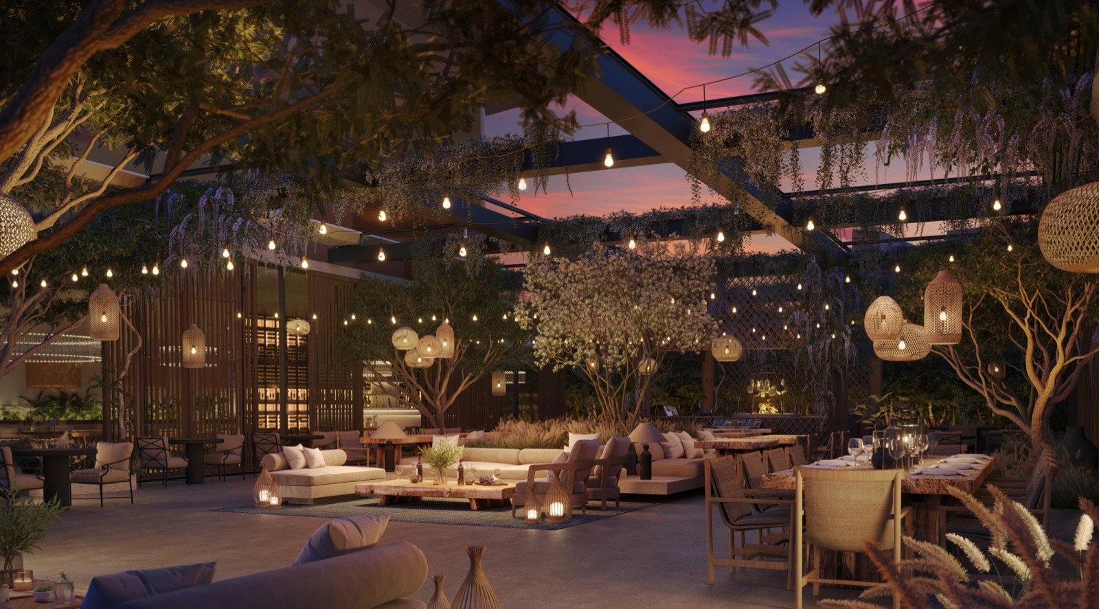 Fuoco — wood-fire restaurant by Casa Tua at ORA, with pergola-covered exterior dining.