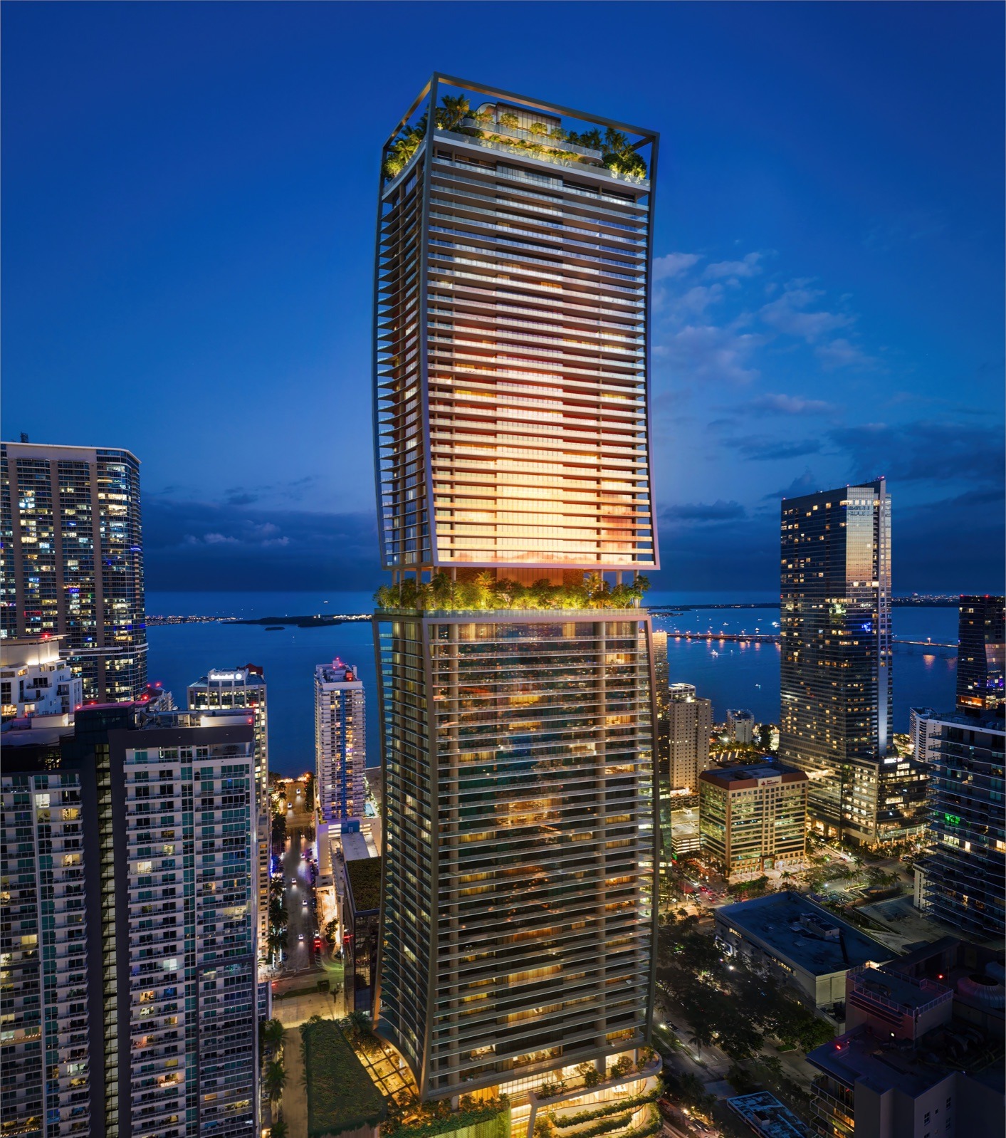 ORA by Casa Tua — 77 stories rising nearly 1,000 feet above the center of Brickell, Miami, at dusk.
