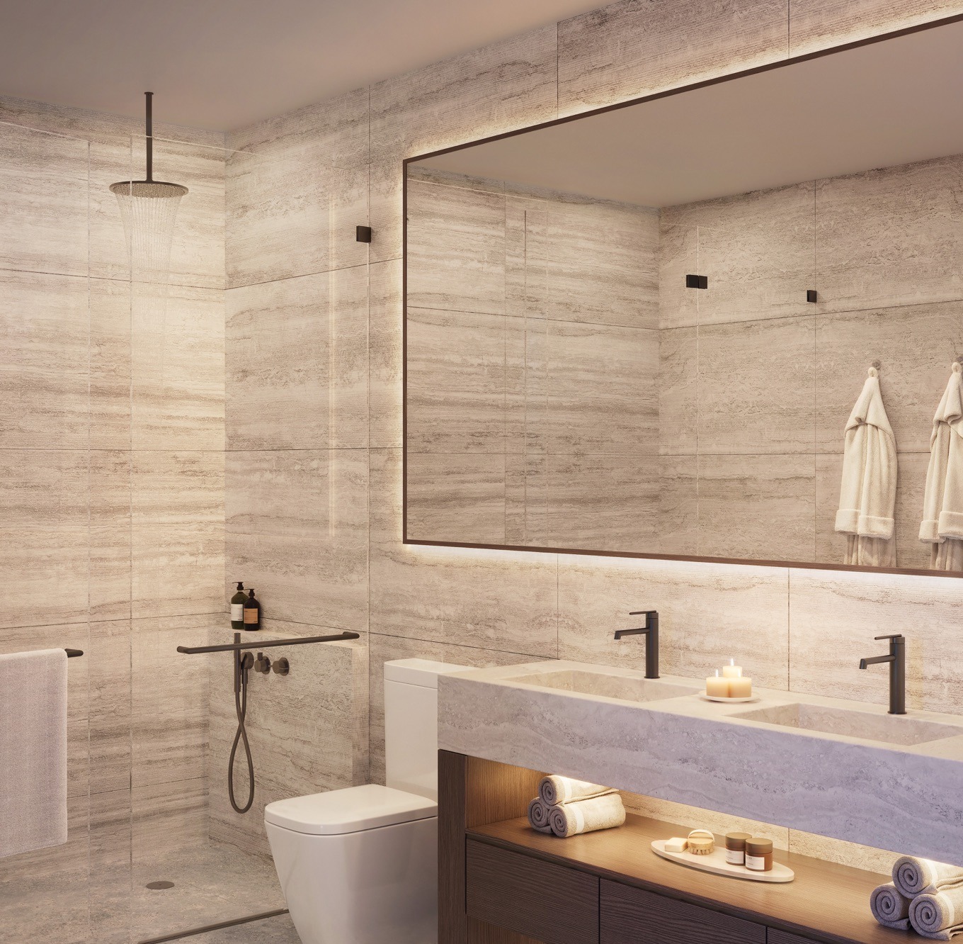 Italian-designed bathroom at ORA by Casa Tua — imported fixtures, custom millwork.