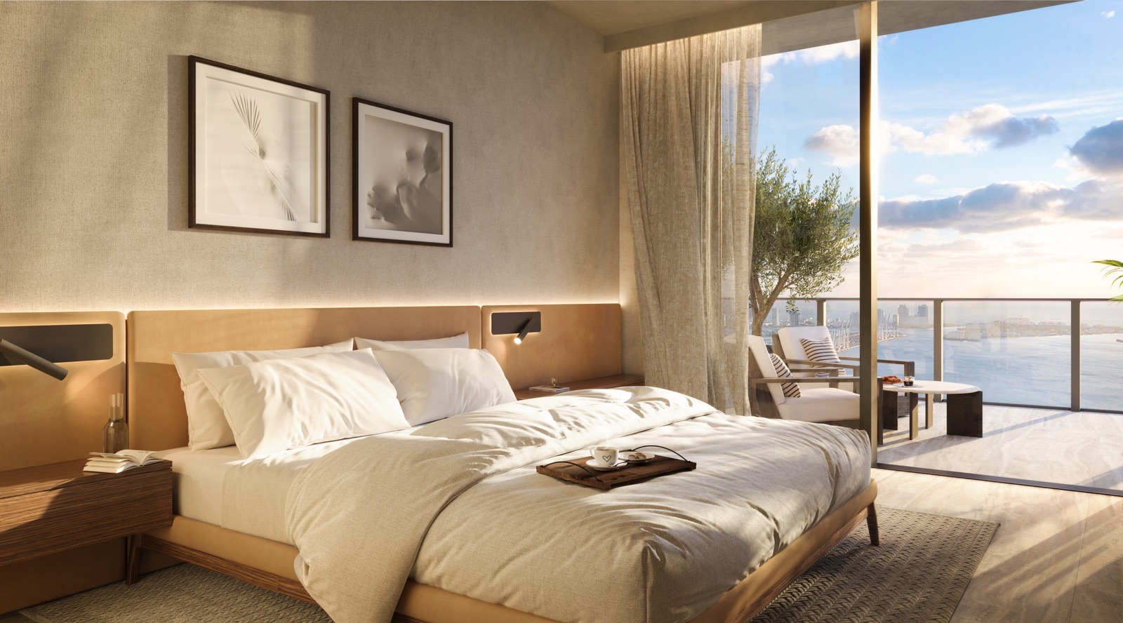 Master bedroom at ORA by Casa Tua — m2atelier furnishings, floor-to-ceiling windows.