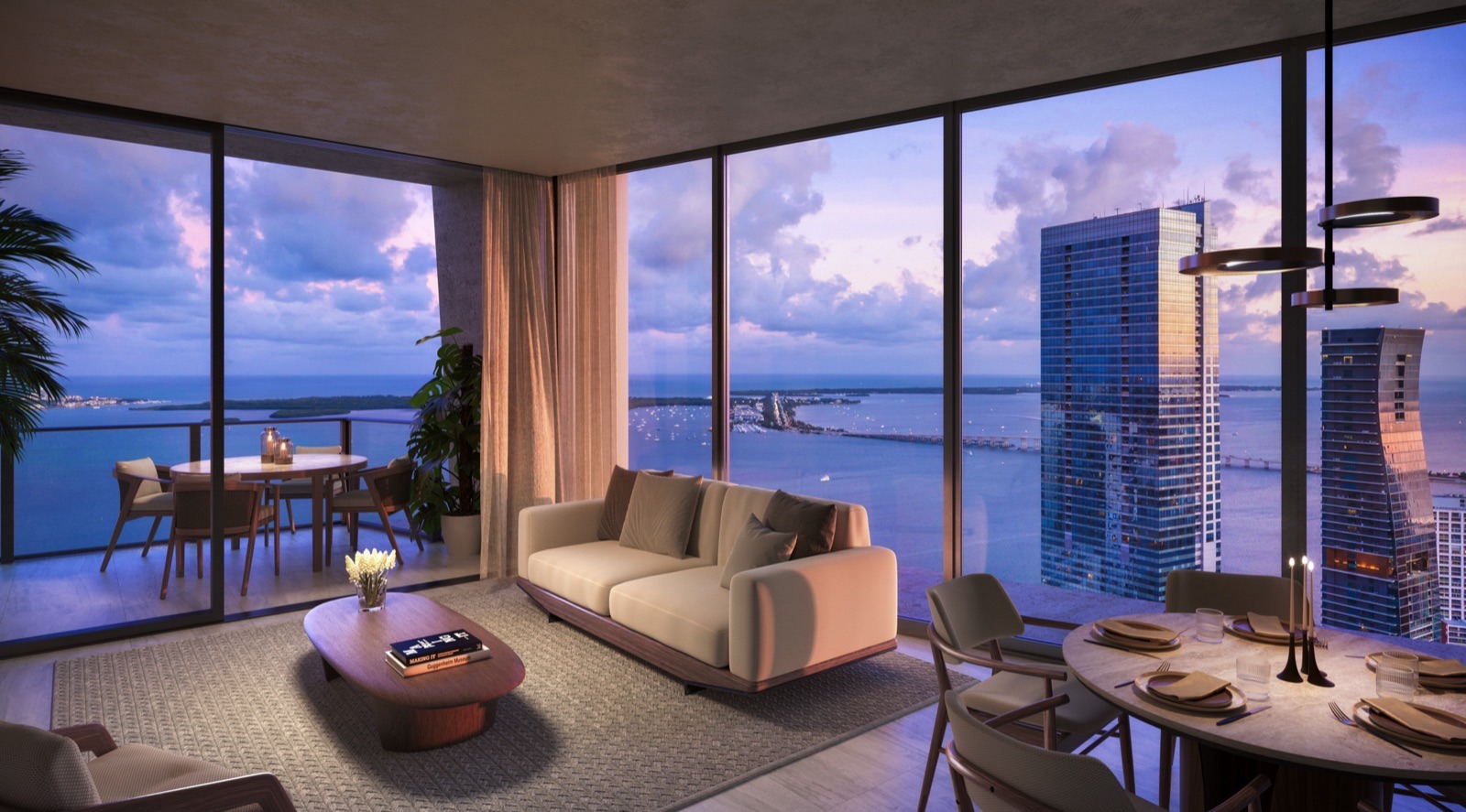 ORA by Casa Tua residence — open-plan living and dining by m2atelier, with 10-foot ceilings and floor-to-ceiling windows.