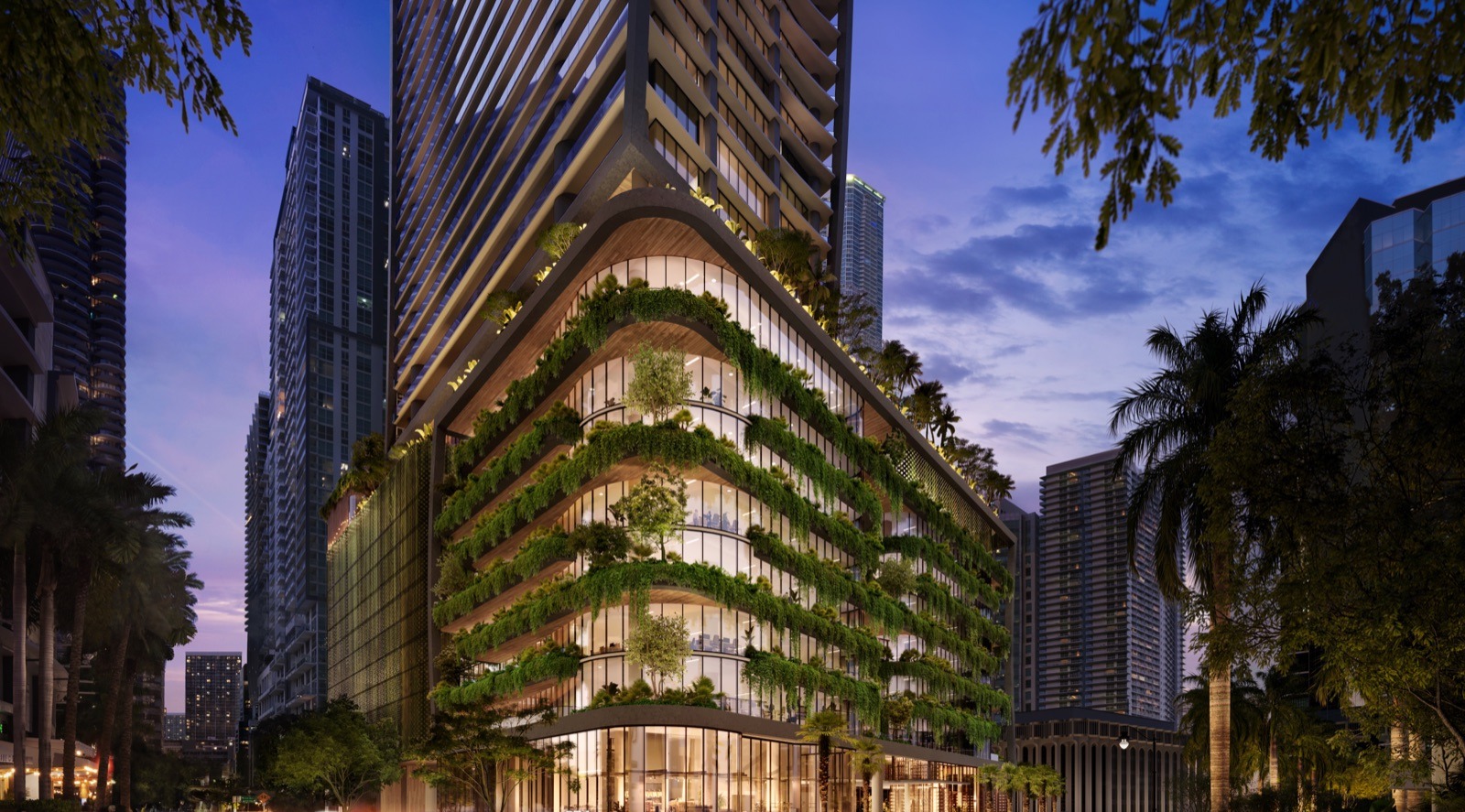 ORA by Casa Tua street view from the corner — podium and lobby at 1210 Brickell Avenue.