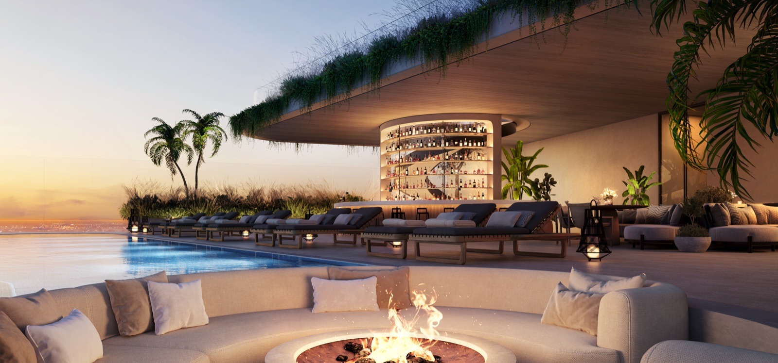 Vento rooftop firepit at ORA by Casa Tua — outdoor lounge with panoramic city and bay views.